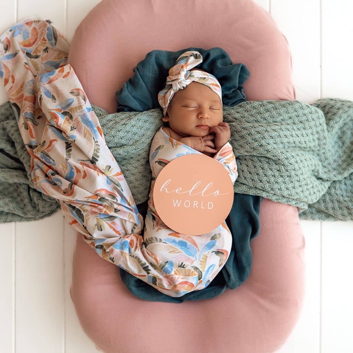 Snuggle Hunny Jersey Wrap with Matching Headwear - Summer Palm