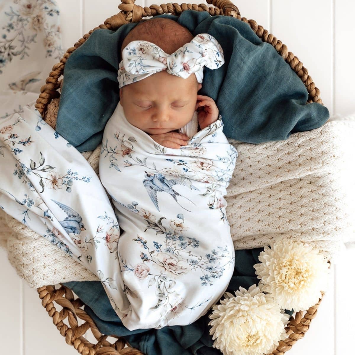 Snuggle Hunny Jersey Wrap with Matching Headwear - Sweet Swallows