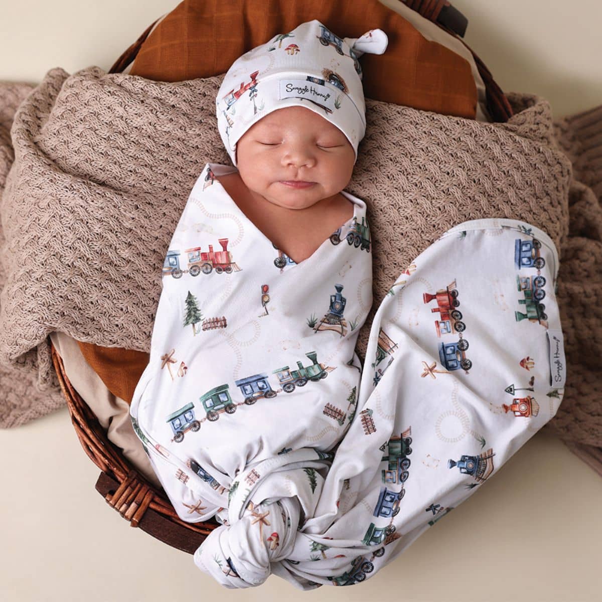 Snuggle Hunny Jersey Wrap with Matching Headwear - Trains
