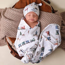 Snuggle Hunny Jersey Wrap with Matching Headwear - Trains