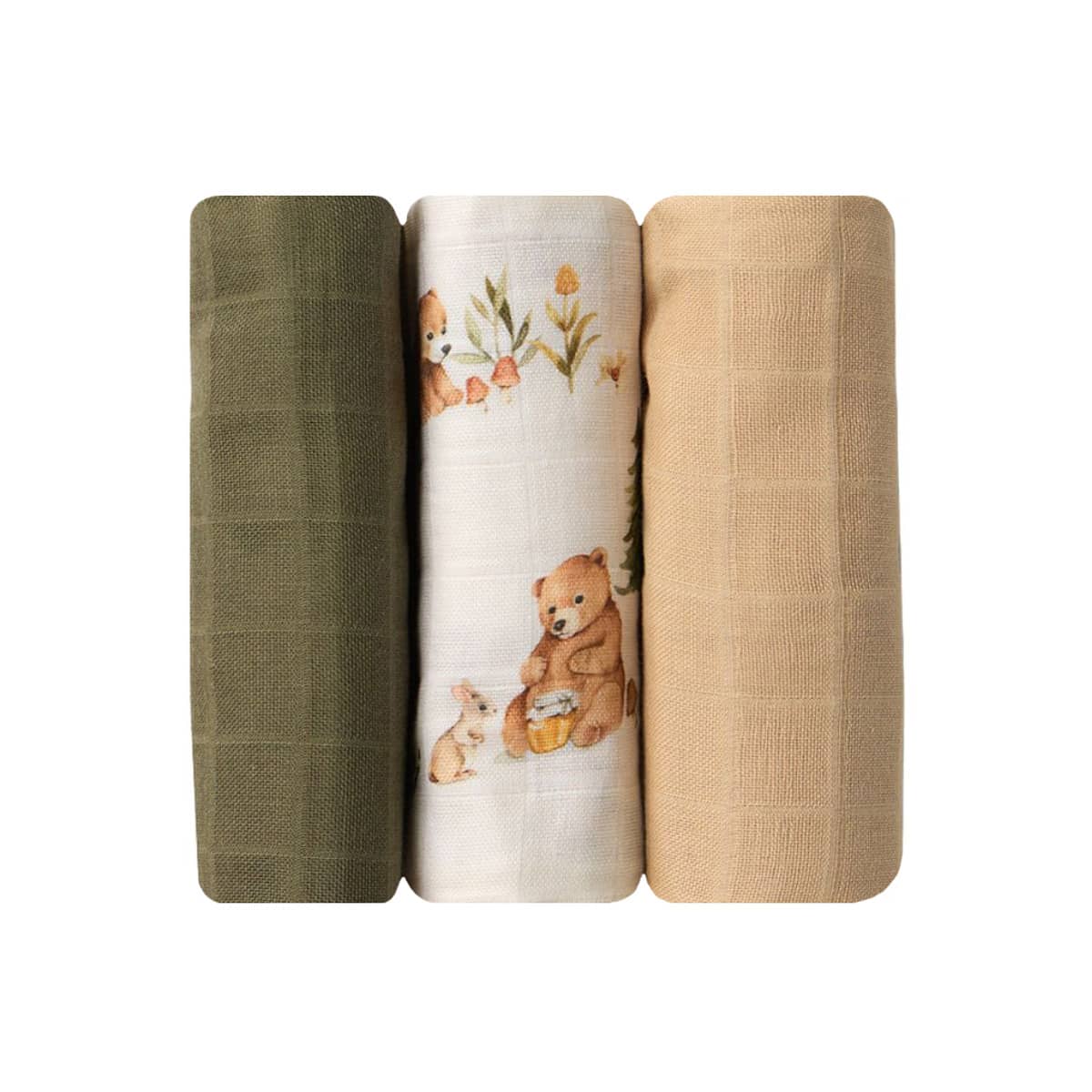 Snuggle Hunny Small Organic Muslin Cloths - Bears / Olive / Pebble
