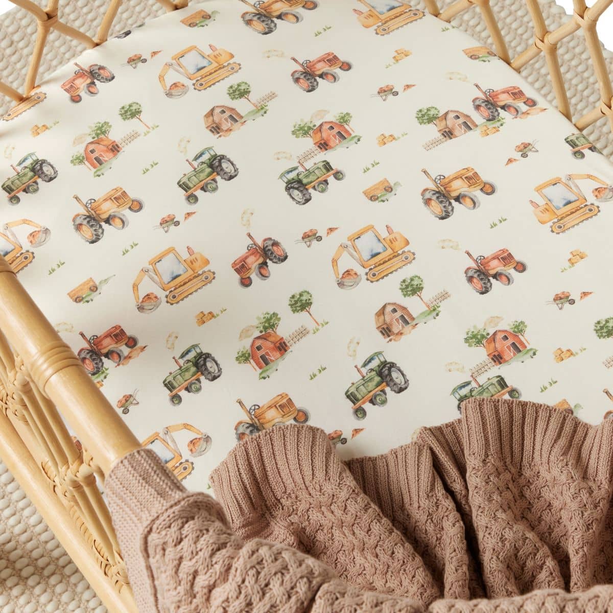 Snuggle Hunny Fitted Bassinet Sheet and Change Pad Cover - Diggers & Tractors Organic