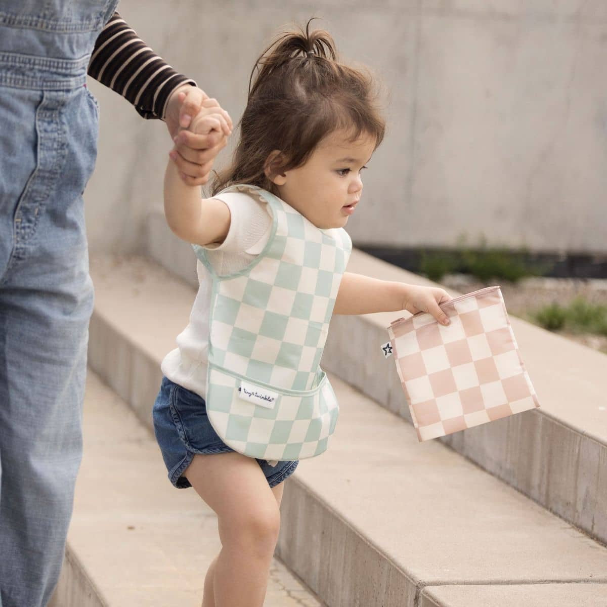 Tiny Twinkle Mess-Proof Apron Bib - Sage Checkers