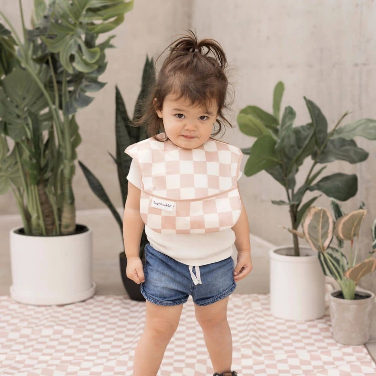 Tiny Twinkle Mess-Proof Easy Bib - Beige Checkers