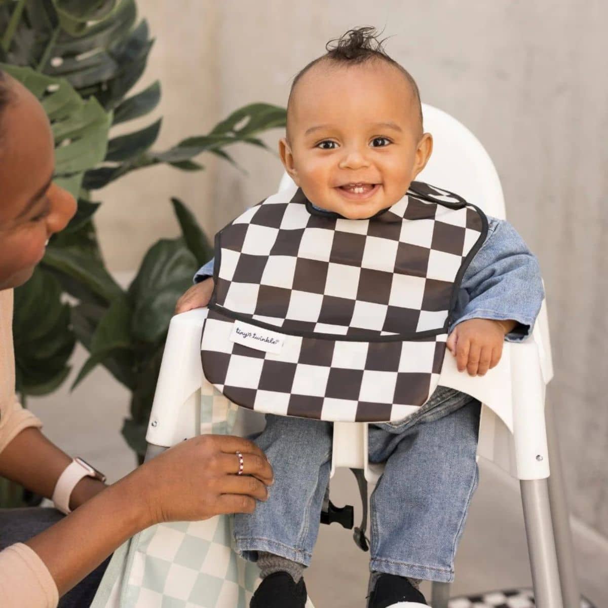 Tiny Twinkle Mess-Proof Easy Bib - Set of 3 - Black + Sage Checkers