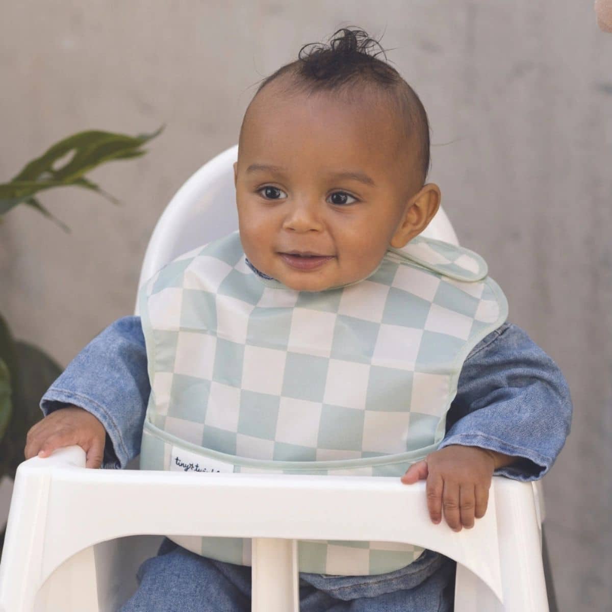 Tiny Twinkle Mess-Proof Easy Bib - Sage Checkers
