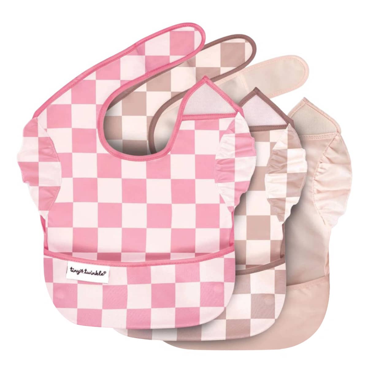 Tiny Twinkle Mess-Proof Easy Bib - Set of 3 - Pink + Beige Checkers