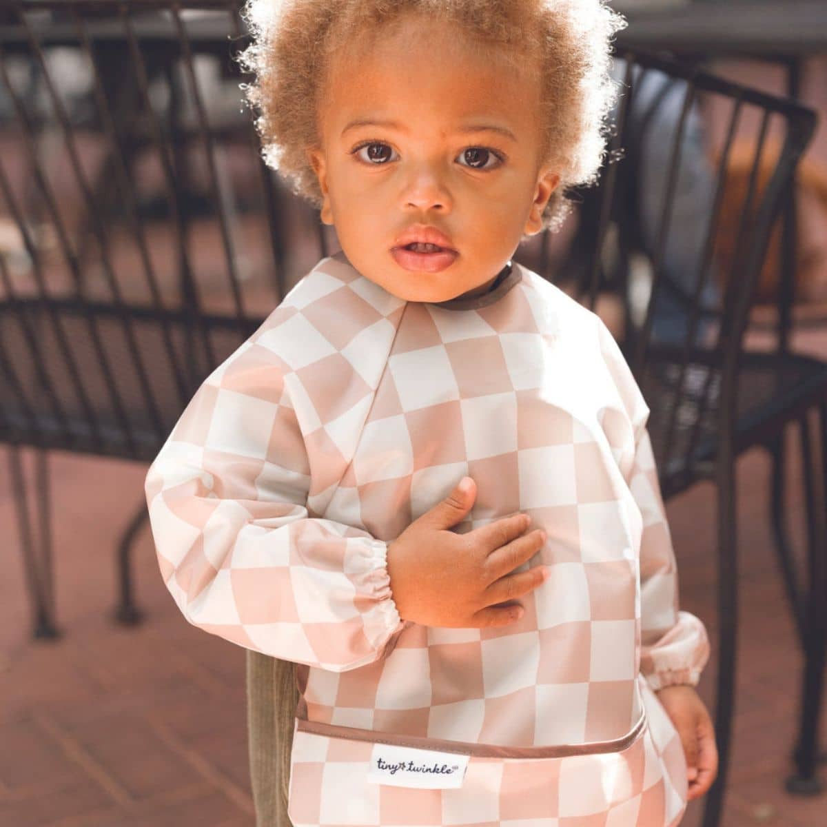 Tiny Twinkle Mess-Proof Full Sleeve Bib - Beige Checkers