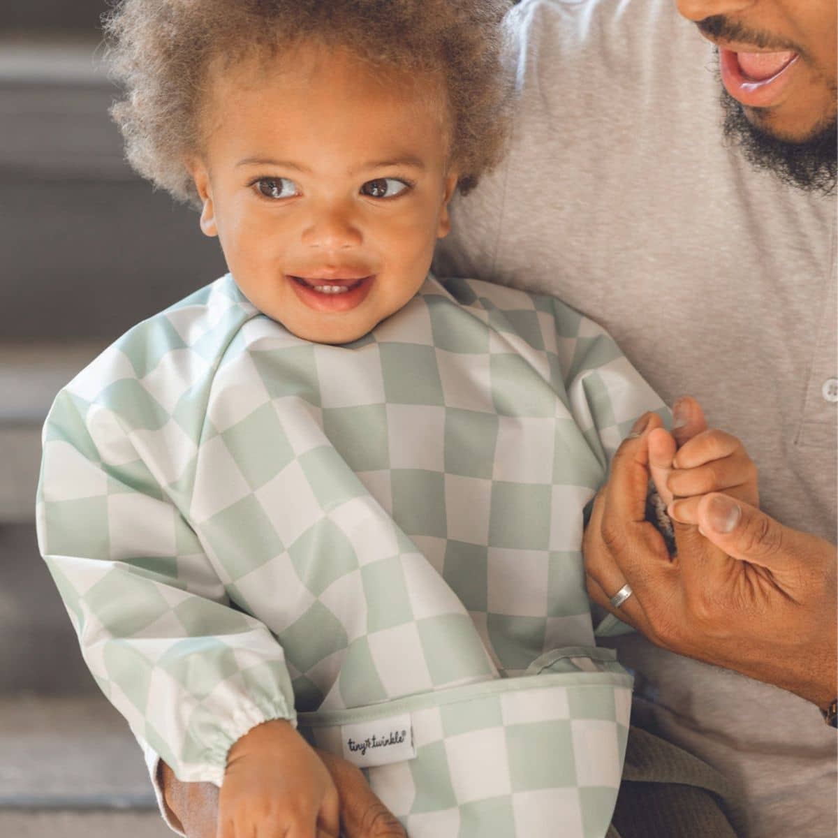 Tiny Twinkle Mess-Proof Full Sleeve Bib - Sage Checkers