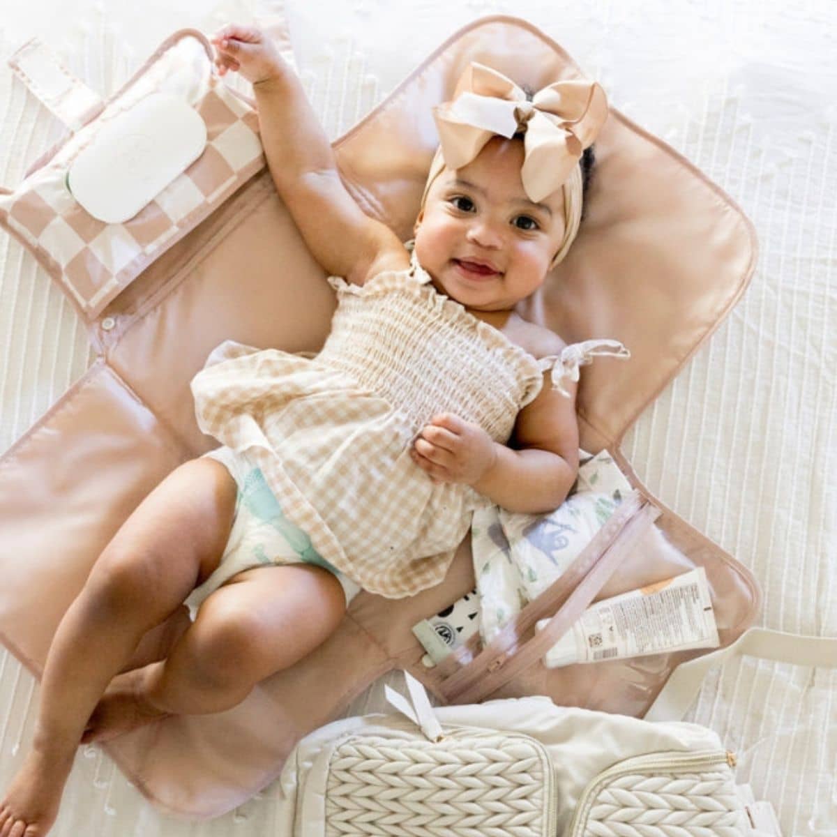 Tiny Twinkle Mess-Proof Portable Nappy Changing Pad - Beige Checkers