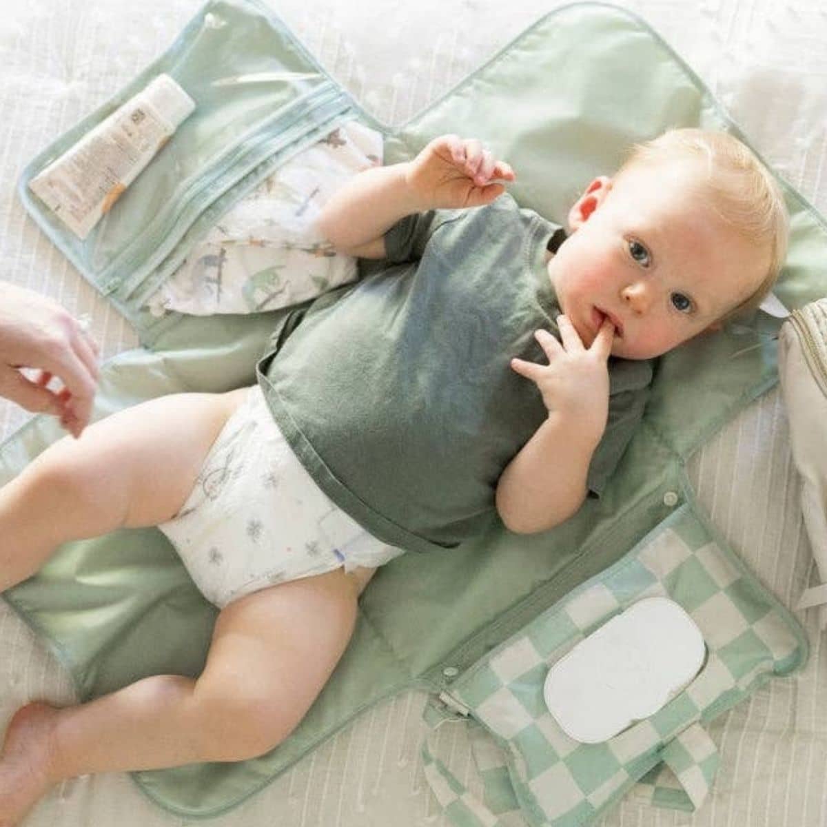 Tiny Twinkle Mess-Proof Portable Nappy Changing Pad - Sage Checkers