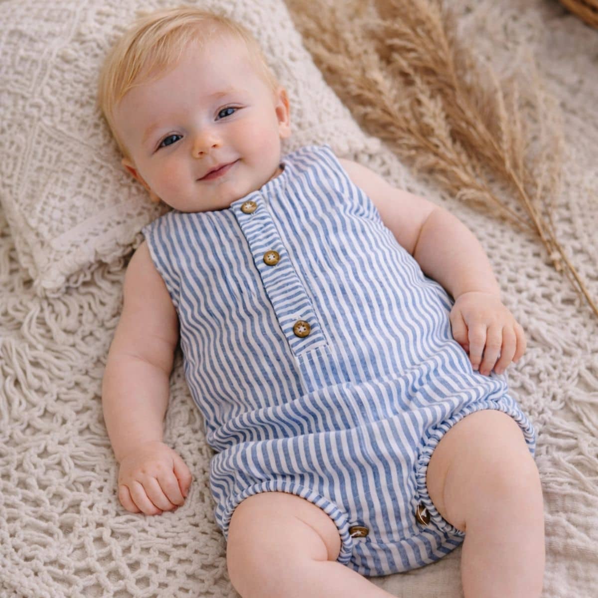 Zao & Co Maïa Linen Baby Romper – Blue Stripe