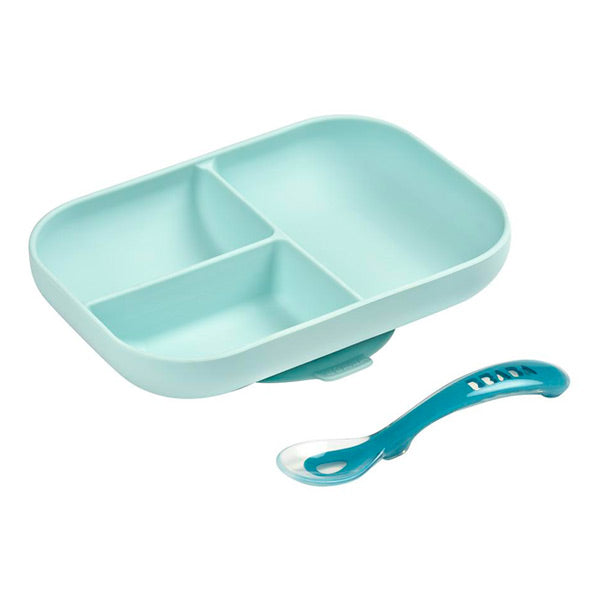 Beaba Silicone Suction Divided Plate and Spoon - Blue