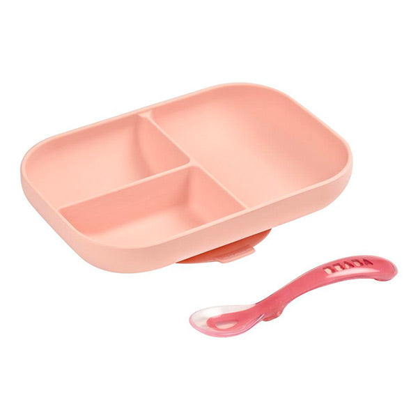 Beaba Silicone Suction Divided Plate and Spoon - Pink