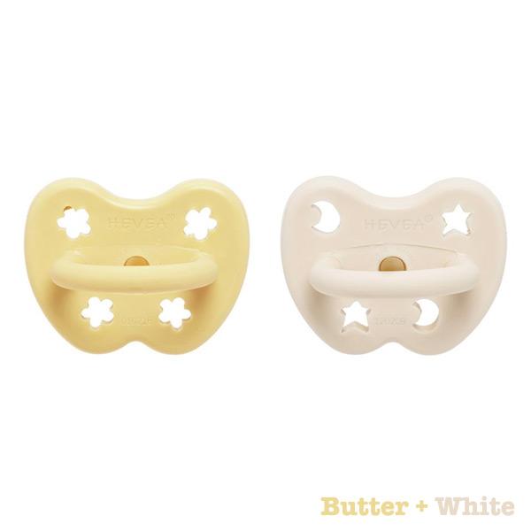 Hevea Natural Rubber Colour Pacifier - Standard Round Teat - 2 Pack - Butter + White