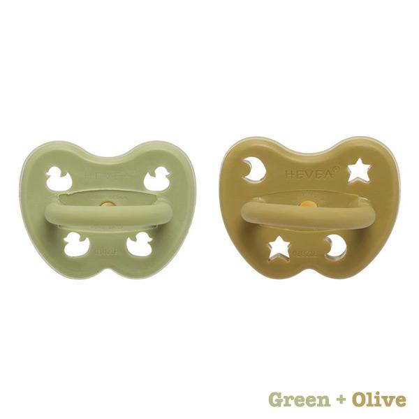 Hevea Natural Rubber Colour Pacifier - Standard Round Teat - 2 Pack - Green + Olive