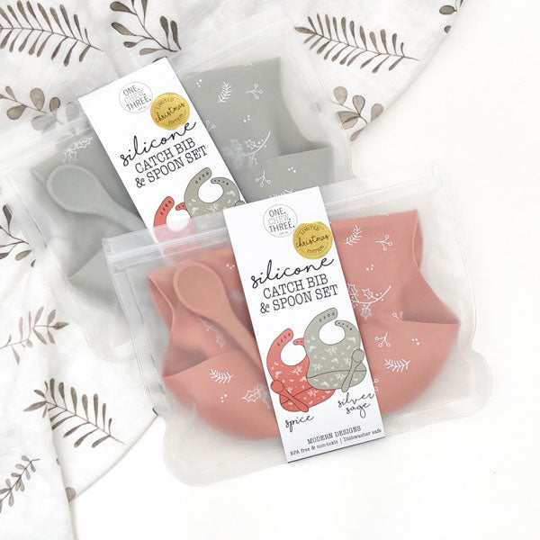 One.Chew.Three Silicone Catch Bib and Spoon Set - Christmas Silver Sage