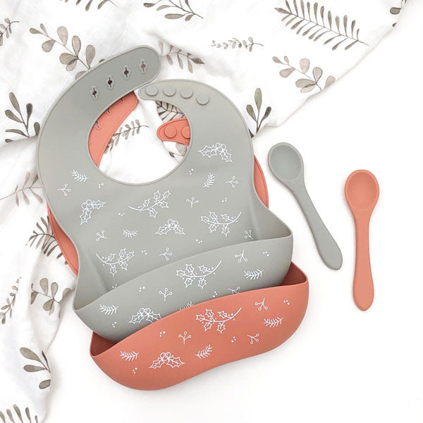 One.Chew.Three Silicone Catch Bib and Spoon Set - Spice