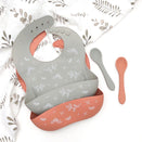 One.Chew.Three Silicone Catch Bib and Spoon Set - Spice