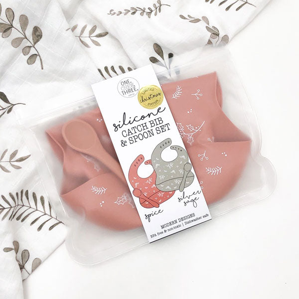 One.Chew.Three Silicone Catch Bib and Spoon Set - Spice