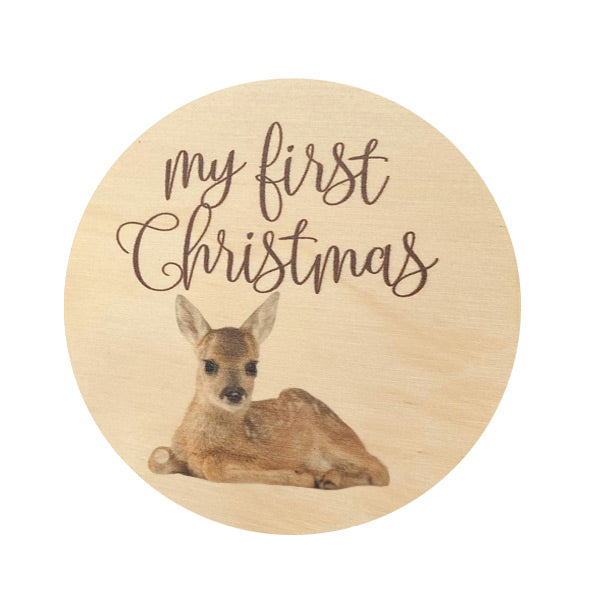 One.Chew.Three Wooden Colour Print Milestone Plaque -  My First Christmas - Baby Deer