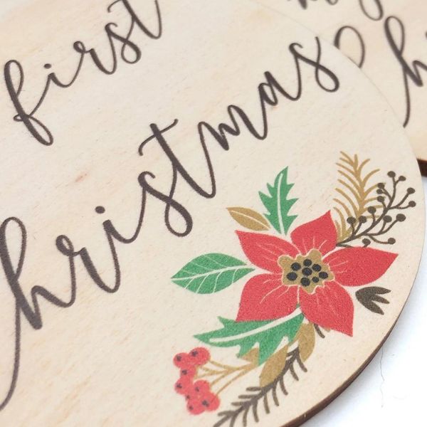One.Chew.Three Wooden Colour Print Milestone Plaque -  My First Christmas - Poinsettia