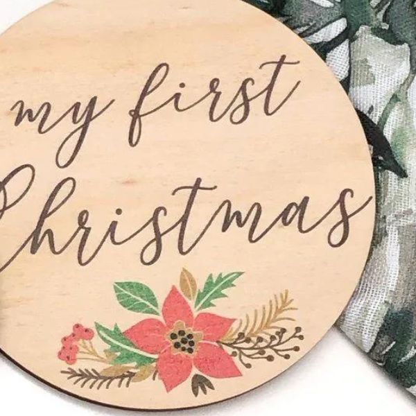 One.Chew.Three Wooden Colour Print Milestone Plaque -  My First Christmas - Poinsettia