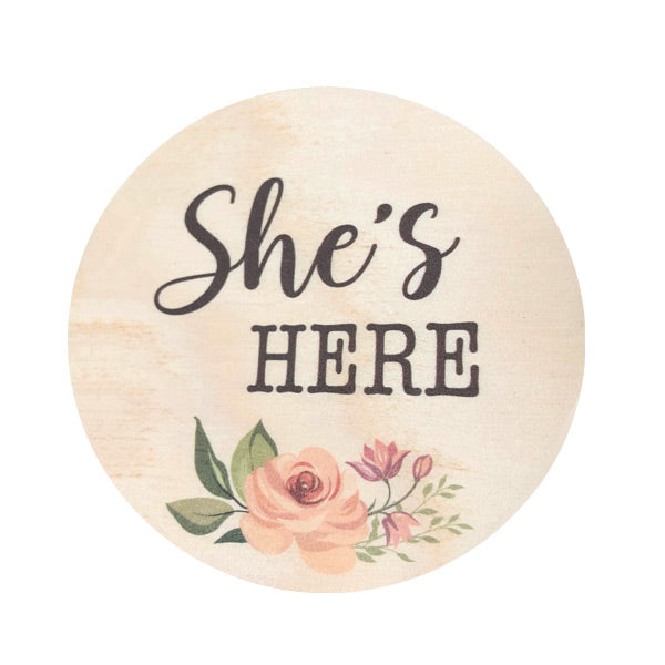 One.Chew.Three Wooden Colour Print Milestone Plaque - 1pk - She's Here Floral