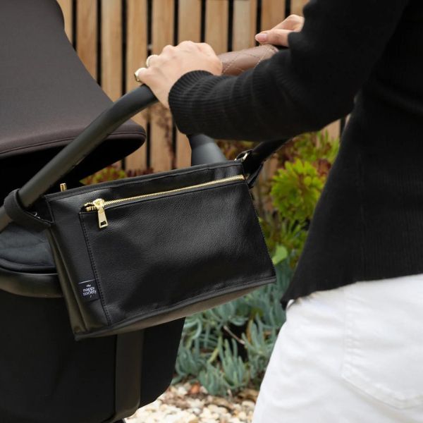 The Nappy Society Vegan Leather Pram Caddy - Black with Gold Hardware
